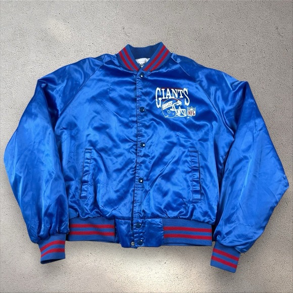 Vintage 80s New York Giants‎ Chalk Line Snap Button Satin Bomber Jacket Sz L NFL
